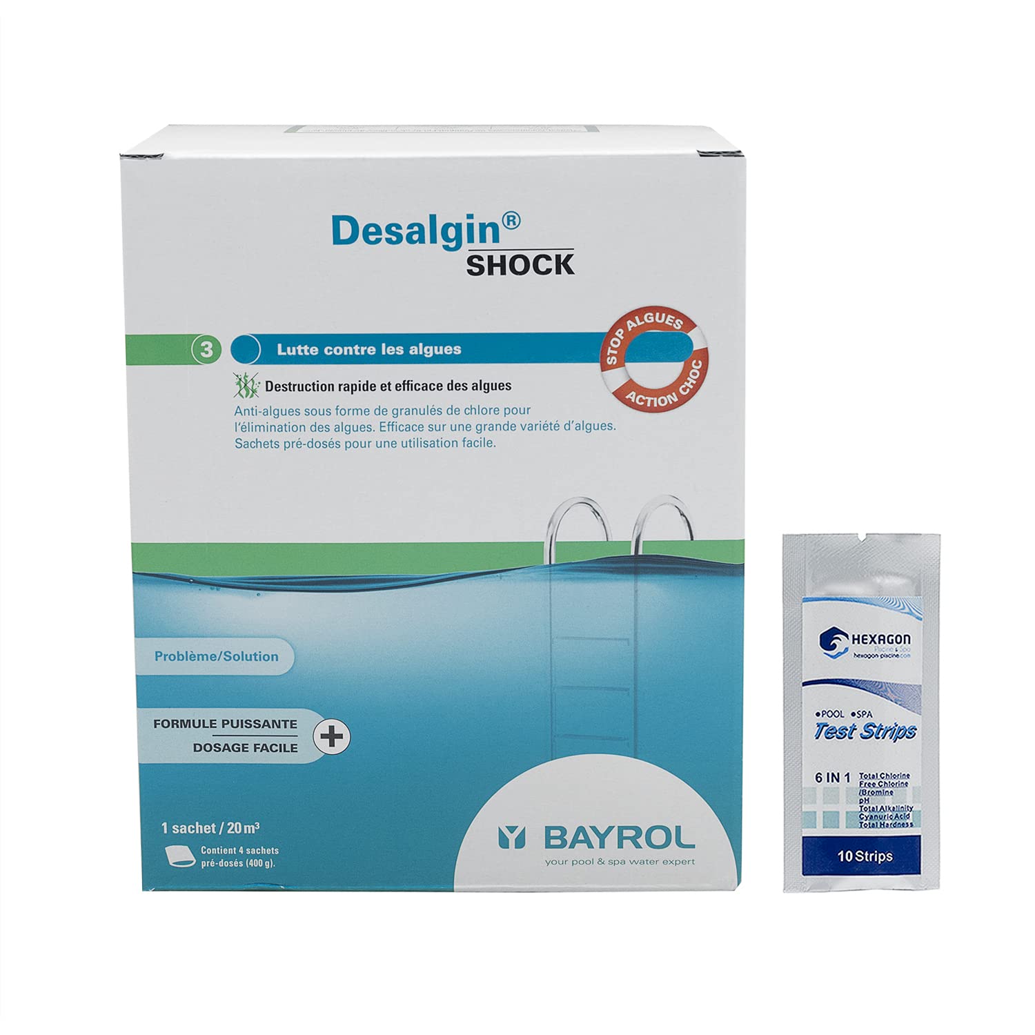 BAYROL DESALGIN Shock Granulés (Boîte de 4 sachets de 400g) - 1,6kg | Anti-Algues Curatif - Action Choc + 10 Tests HPS OFFERTS 6 en 1