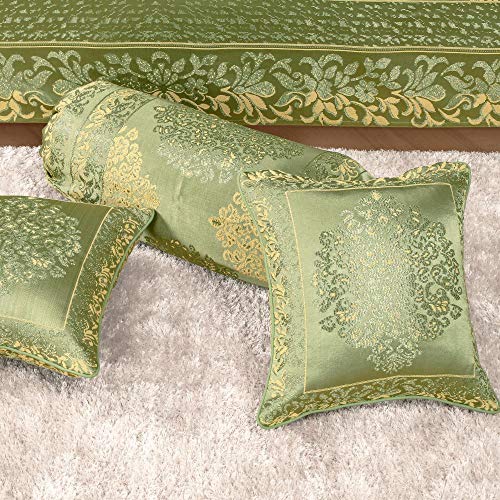 Image of Victor Polycotton Diwan Set 8 Pcs with 5 Pillows & 2 Bolster Covers | Damask Geometrical Printed Diwan Set for Living Room Hall | Comfort & Elegant Decor | Durable & Washable Design | Green