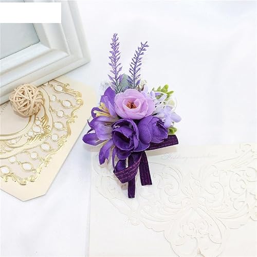 TXLEAPEY Wedding Corsages flower Groom Boutonniere Purple Silk Rose Man Brooches Wedding Bridesmaids Bracelet Wrist Corsage(Corsage A)