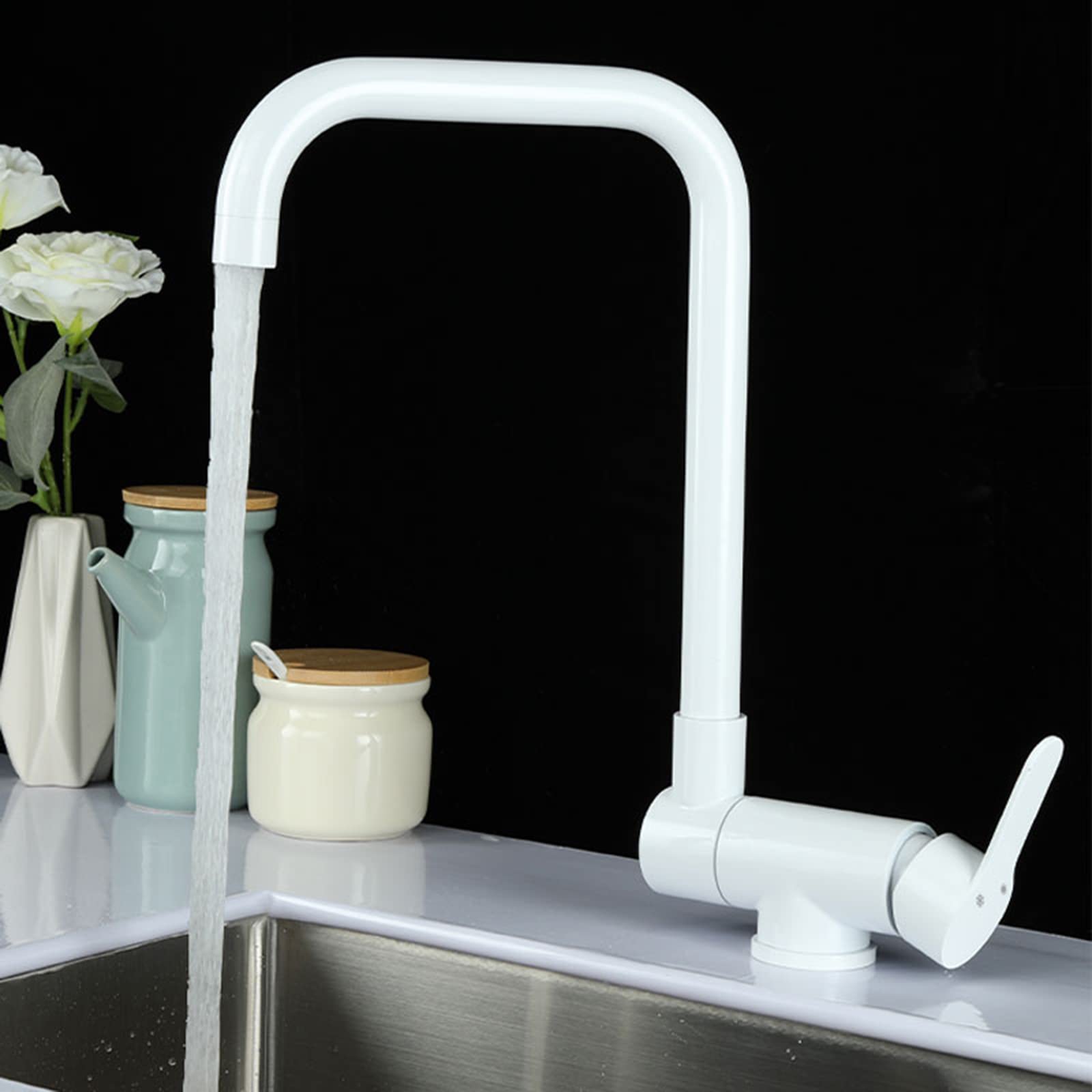 Grifo de Cocina Blanco Abatible, Grifo Cocina para Ventana Grifo de Fregadero Acero Inoxidable Giratorio Agua Fría y Caliente, Grifo Fregadero Cocina Abatible-B