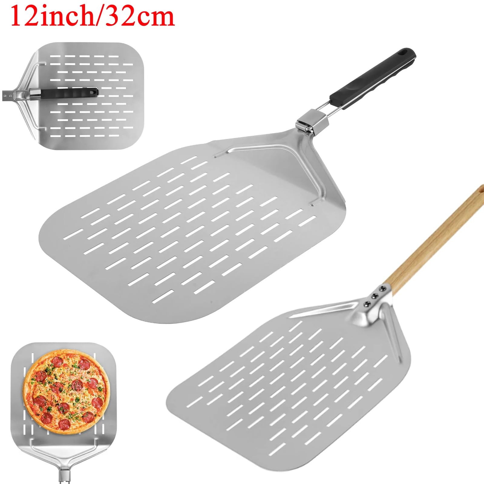 MRKU Pizzaschaufel, 30 cm, Edelstahl, mit Klappgriff, Antihaftbeschichtung, Tortenheber, Transferblech, Backwerkzeug