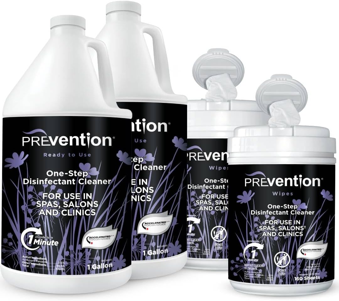 Prevention Canister Wipes 2 Pack & Gallon Concentrate 2 Pack – Surface Disinfecting Supplies for Salons, Spas, Clinics – Hospital Grade