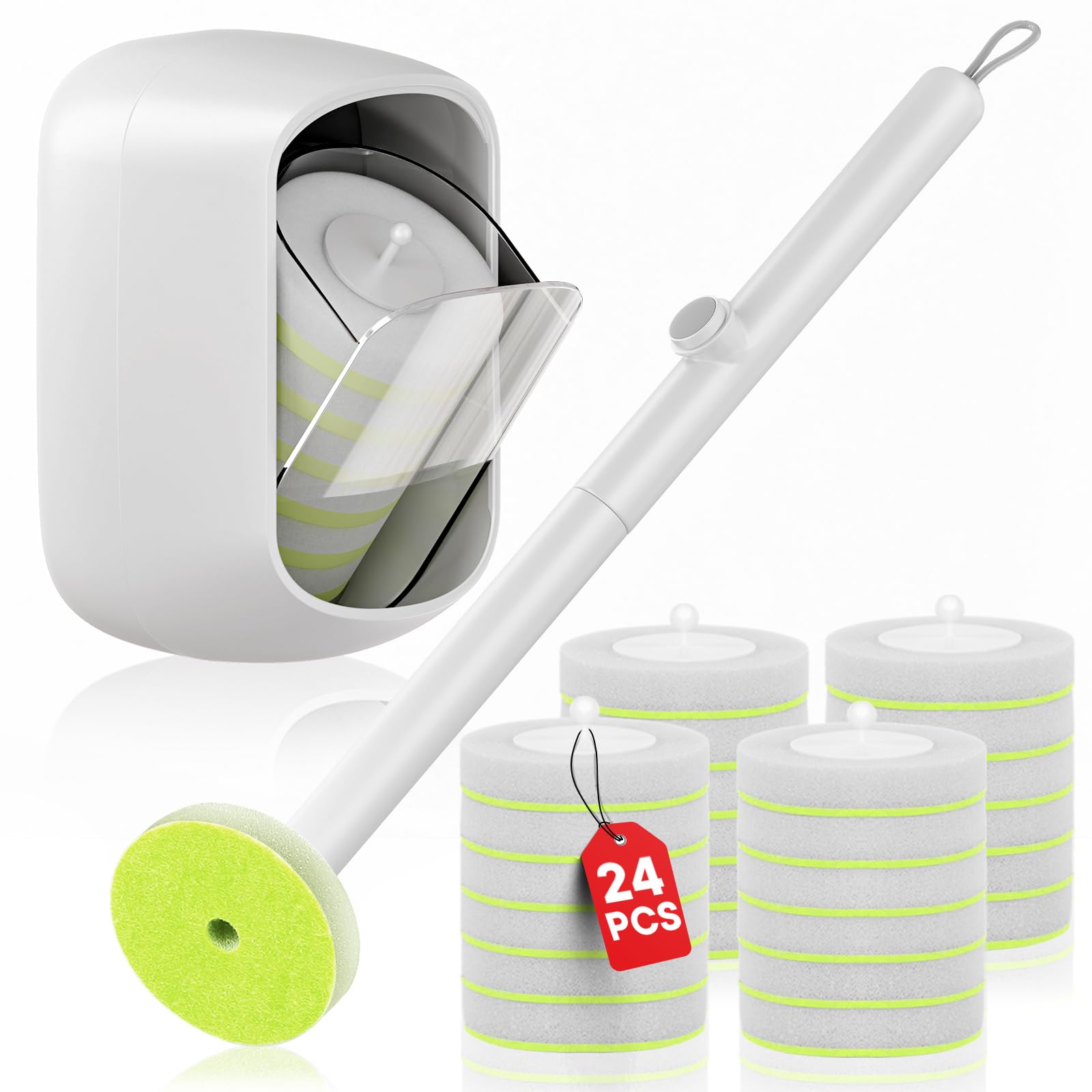 Disposable Toilet Brush and Holder Set, Toilet Bowl Cleaner Wand with 24 Refill Heads, Toilet Brush for Bathroom, Toilet Bowl Brush and Holder, Toilet Scrubber Kit with Storage