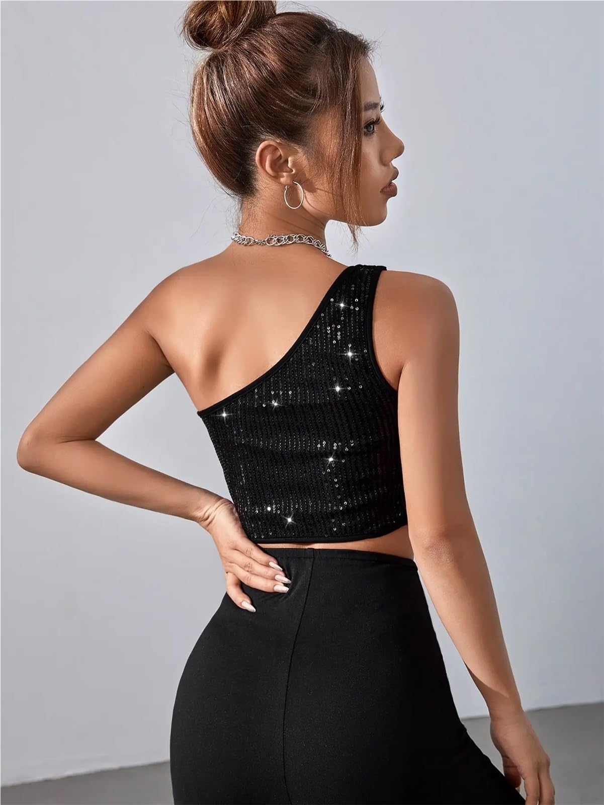 Haut Epaules Dénudées Haut Court à Paillettes Noires asymétriques for Femme, Tenue Scintillante for Les fêtes, la Danse, Les Rave(S)