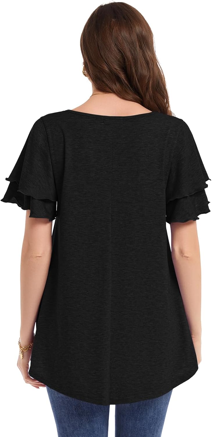 MONNURO Women's Plus Size Tops V-Neck Ruffle Short Sleeve Casual Blouse 2026 Trendy T-Shirt Loose Fit Womens Summer Tops - Image 5