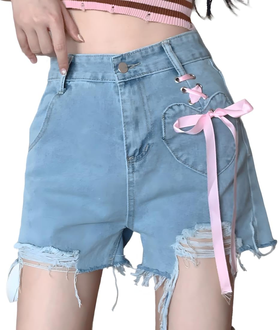Y2K Kawaii Vintage Gothic Casual High Waisted Wide Leg A-Line Ripped Hem Pink Ribbon Heart Trim Jean Shorts