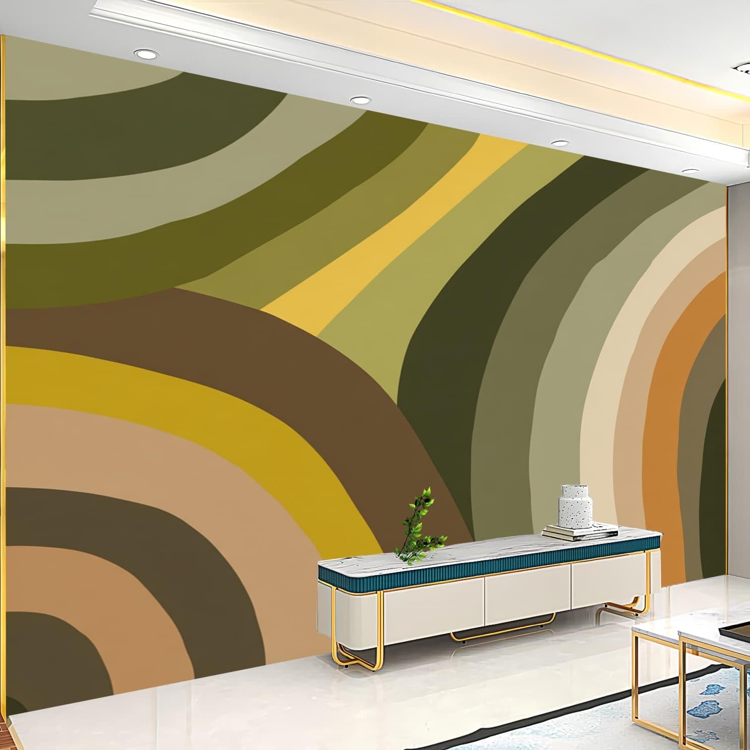Sypialnia Tapeta 450 x 315 cm oliwkowa zieleń fototapeta z włókniny moda dekoracja ścienna XXL plakat ścienny w paski tęczy abstrakcyjny gigantyczny papier ścienny salon pokój dziecięcy