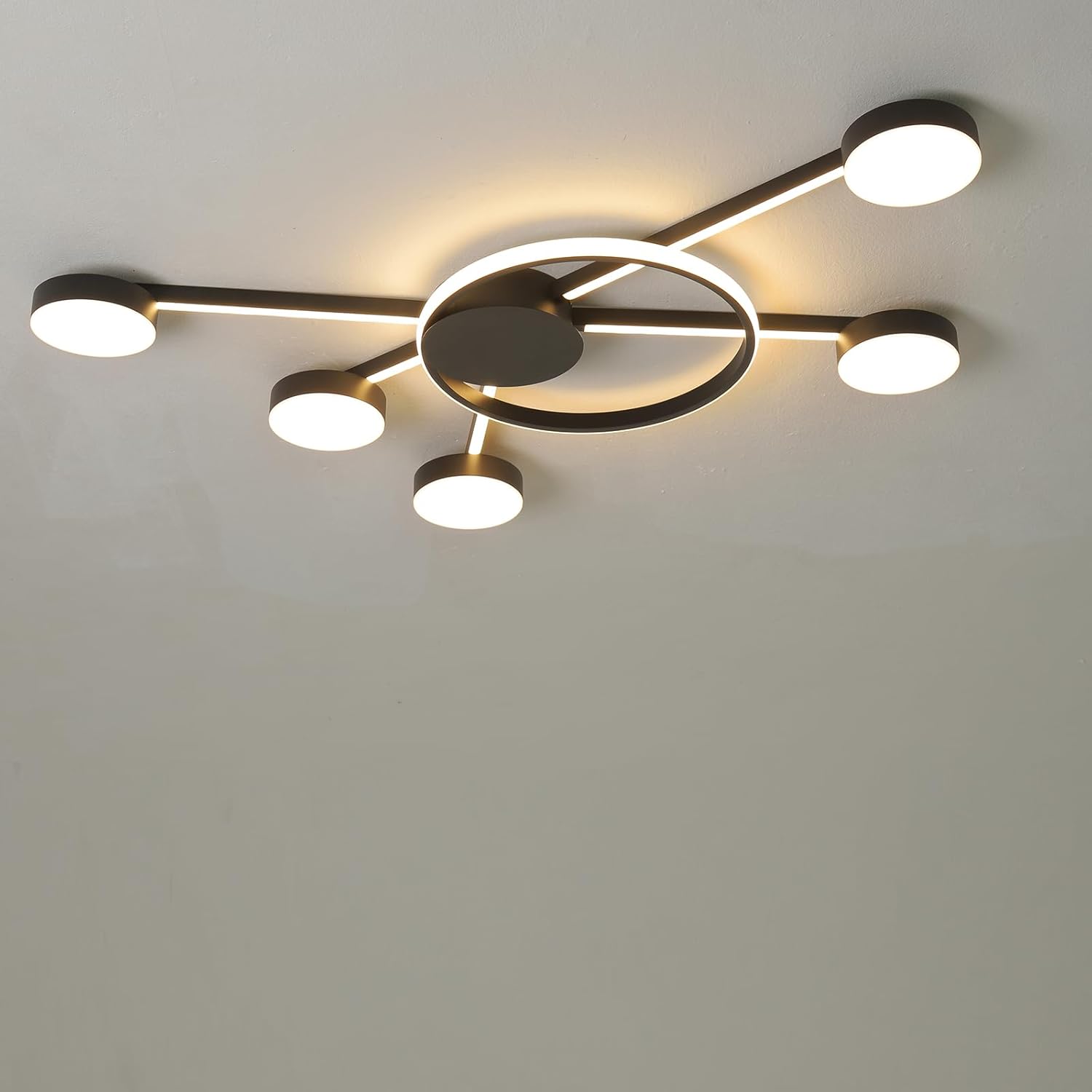 Black/Chrome Ring Designs Aluminum LED Ceiling Light,Dimmable Flush Mount Chandelier Ceiling Light Fixture with Remote for Living Room Dining Room Bedroom Kitchen (Black-RSFH020Black-6T)