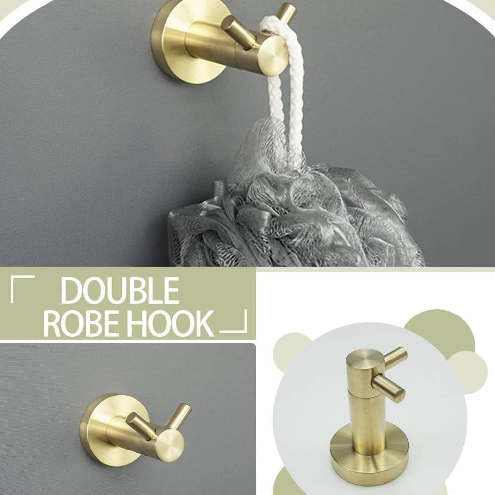 Toallero montado en la Pared Soporte de Papel higiénico Redondo de Acero Inoxidable Dorado Cepillado Albornoz Gancho para Toalla Kit de Accesorios de baño, 4 Ganchos Dobles