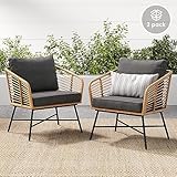 Nathan James Flow Bohemian 2-Pack Rattan Wicker Chair, Upholstered Outdoor Chair Set for Patio or Porch, Rattan/Black