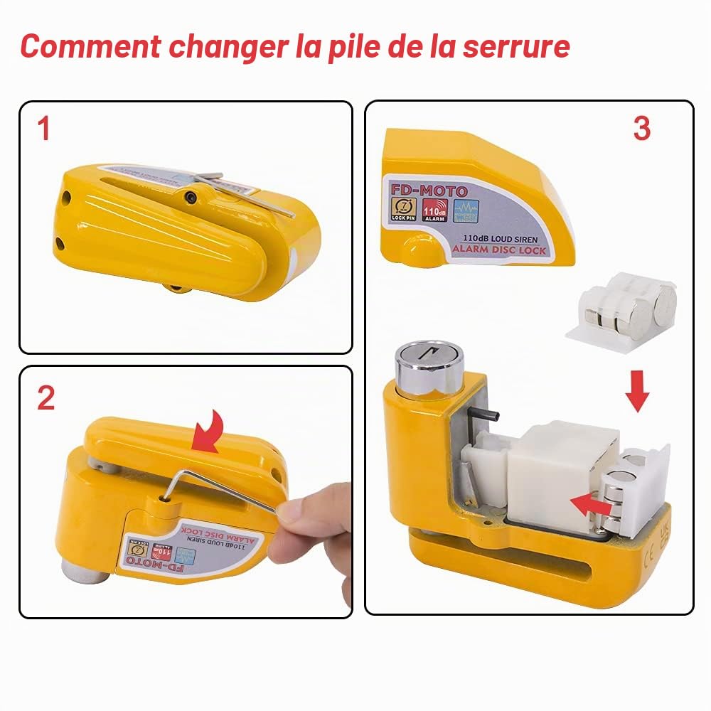 FD-MOTO φ10MM/1,2M Longue Antivol de Chaîne + 110dB Alarme Bloque Disque Cadenas Moto pour Vélo Bicyclette Moto Scooter