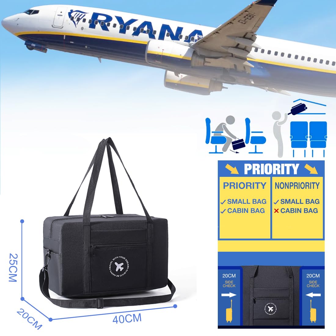 PALAMEA Bagaglio a Mano 40x20x25 Ryanair Borsone da Viaggio Ryanair Sottosella Pieghevole Borsa da Cabina Borsa Aereo Borsa Palestra 20L
