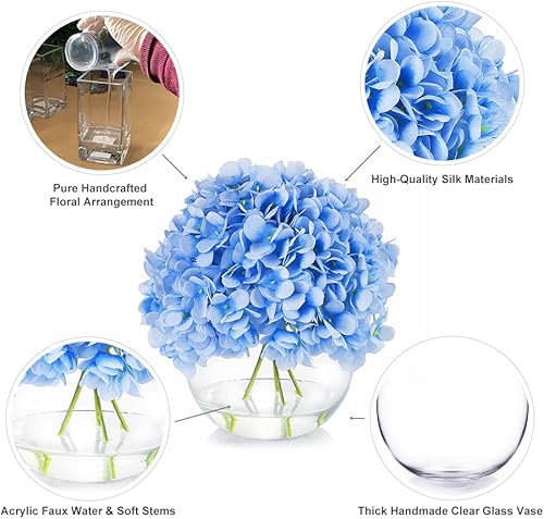 Miniatura 3 de Hortensias artificiales de seda en jarrón con agua sintética, flores artificiales de hortensias azules con jarrón para decoración del hogar