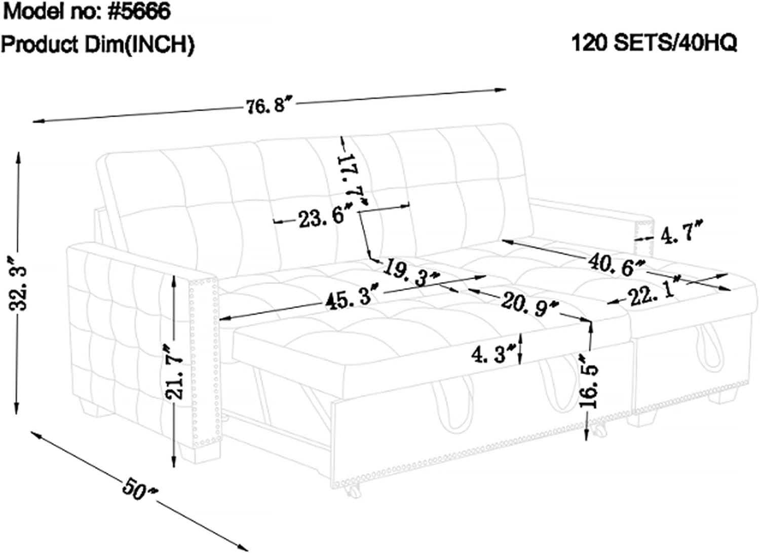 Diagram showing the dimensions of the Polibi sectional sofa bed, including overall length 76.8 inches, depth 50 inches, and height 32.3 inches.