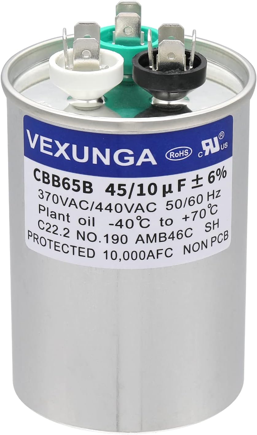 45/10 uF 45+10 MFD 370VAC or 440VAC Dual Run Start Round A/C Capacitor CBB65 CBB65B Air Conditioner Capacitors for AC Unit Fan Motor Start or Heat Pump or Condenser Straight Cool