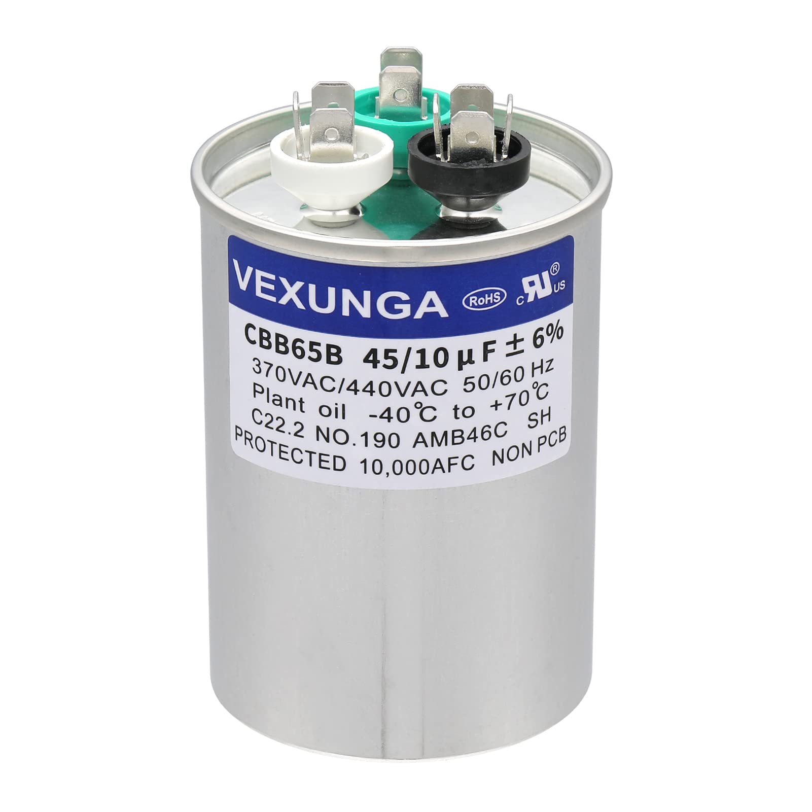 VEXUNGA 45/10 uF 45+10 MFD 370VAC or 440VAC Dual Run Start Round A/C Capacitor CBB65