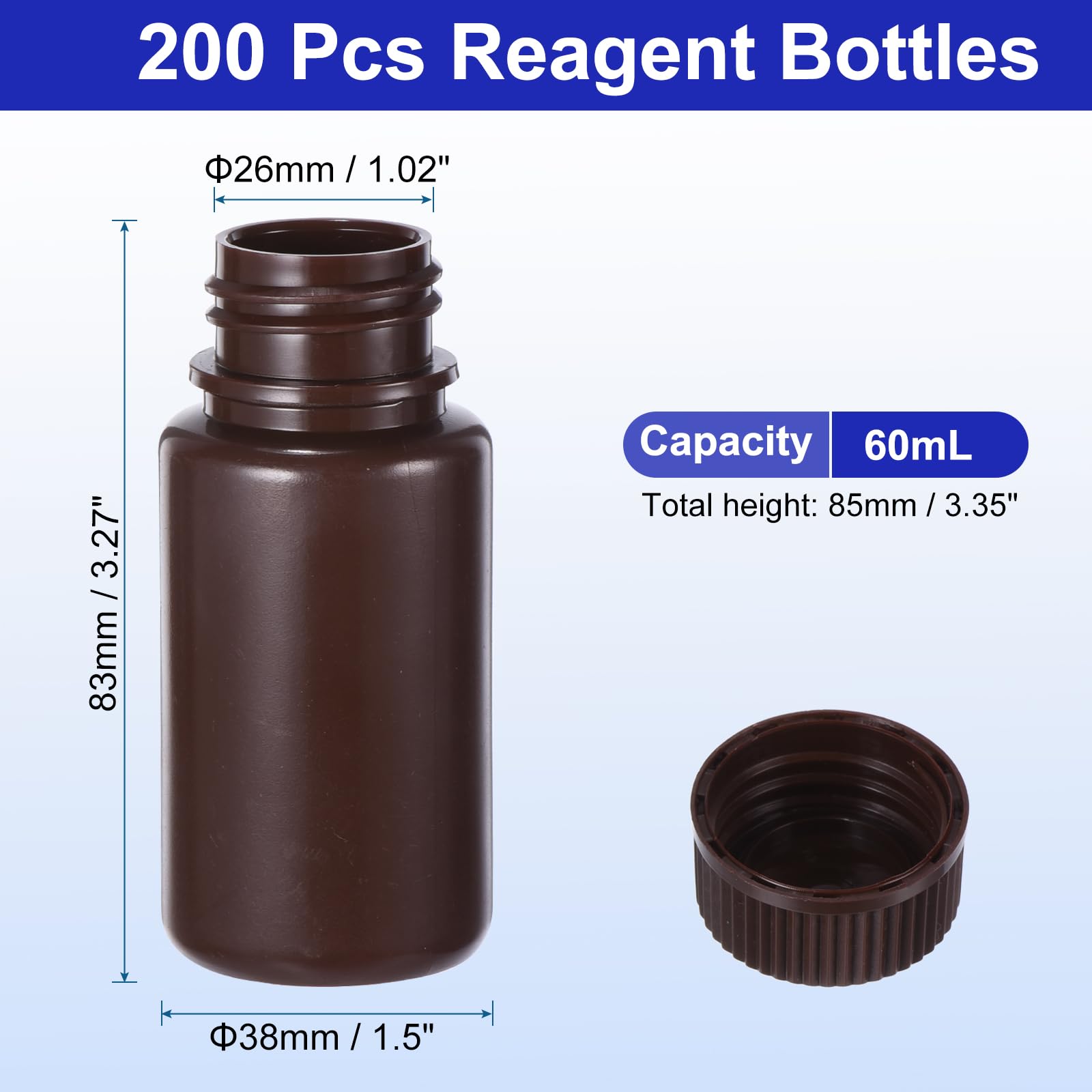 PATIKIL 200pz Boccette 60ml Reagenti, Boccette PE Bocca Larga Tappo Vite per Conservazione Acqua, Reagenti, Liquidi e Campioni Solidi Laboratorio, Ambra