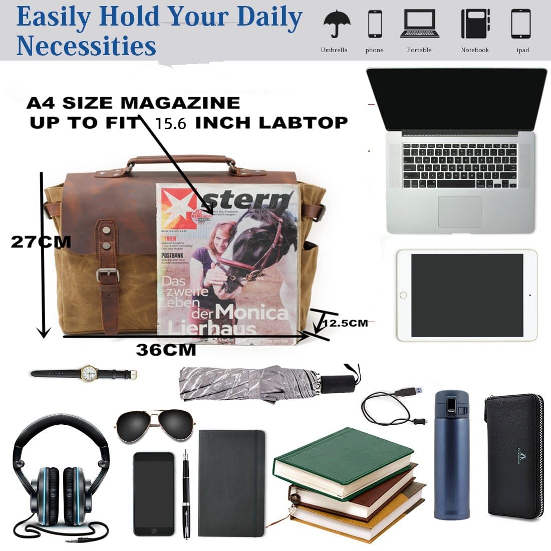 Messenger Tasche für männer und Frauen, Vintage - leinwand echtes Leder 15 "MacBook pro / 14" Laptop - Tasche umhängetasche für unternehmen Arbeiten Schule College Alltag