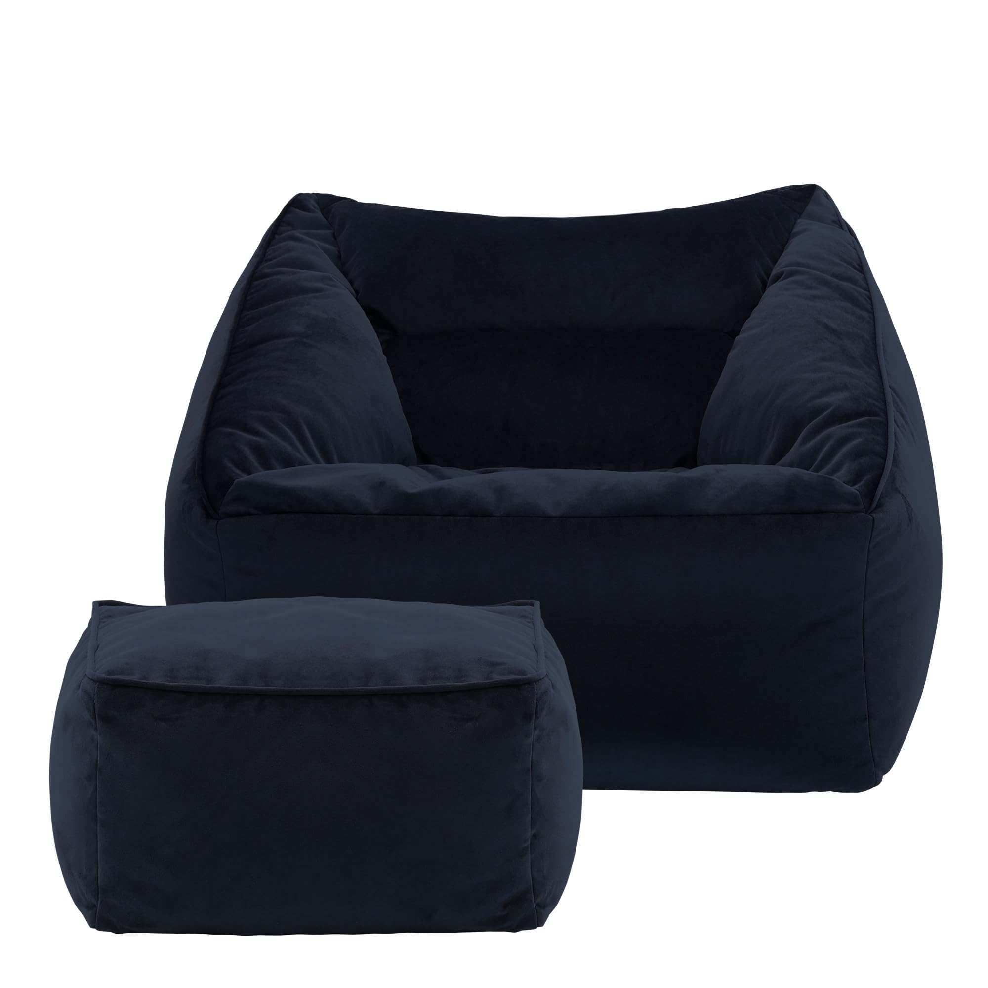 Icon Natalia Sitzsack Sessel mit Hocker für Erwachsene, Dunkelblau, Flauschiger Samtstoff, Riesen Sitzsack Samt mit Füllung, Bean Bag Chair, Bequemer Sessel Wohnzimmer, Lounge, Schlafzimmer, Büro