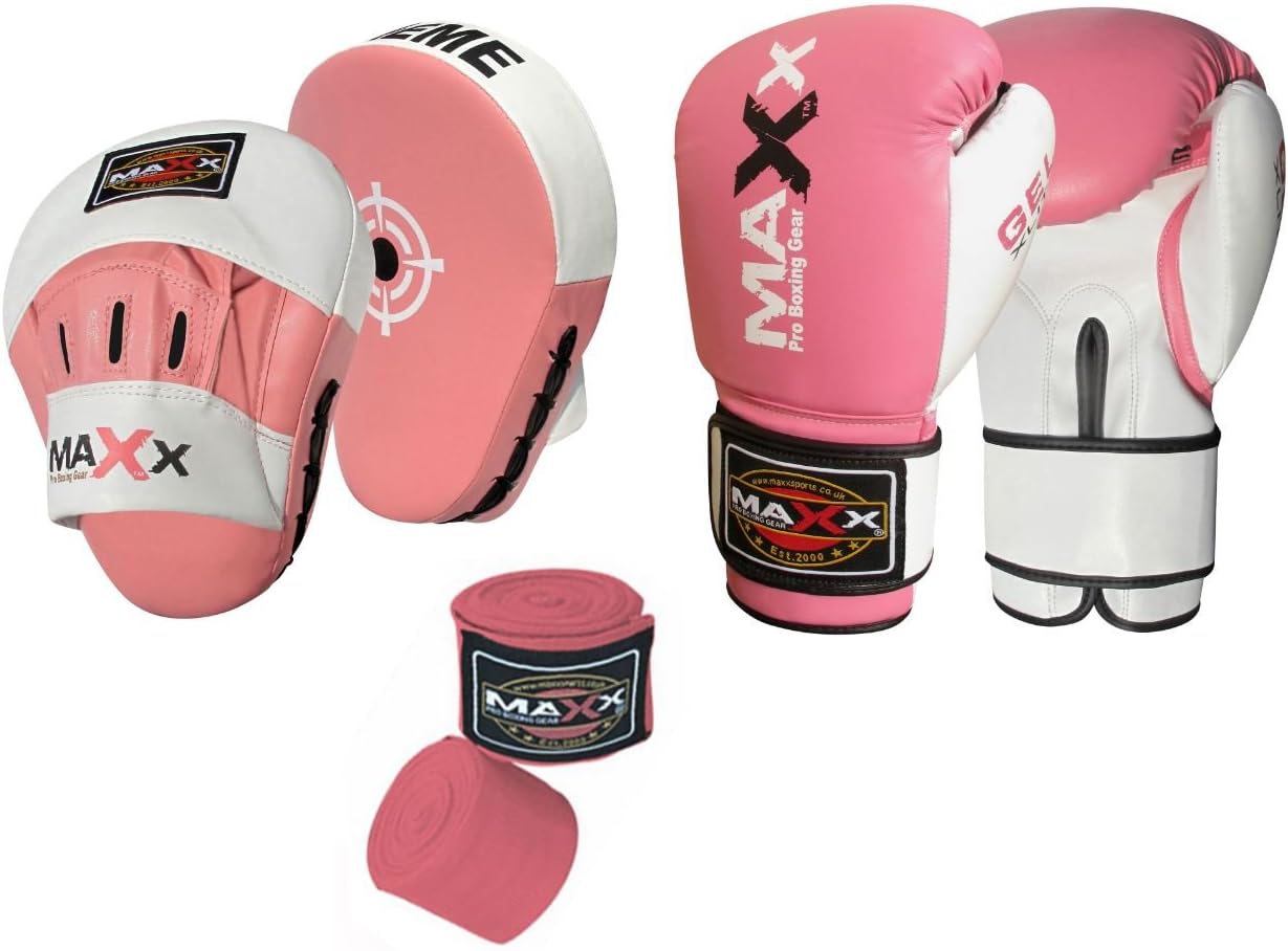 Curved Focus pads, Hook & Jab Pads with 12oz Gloves, Rope Pink