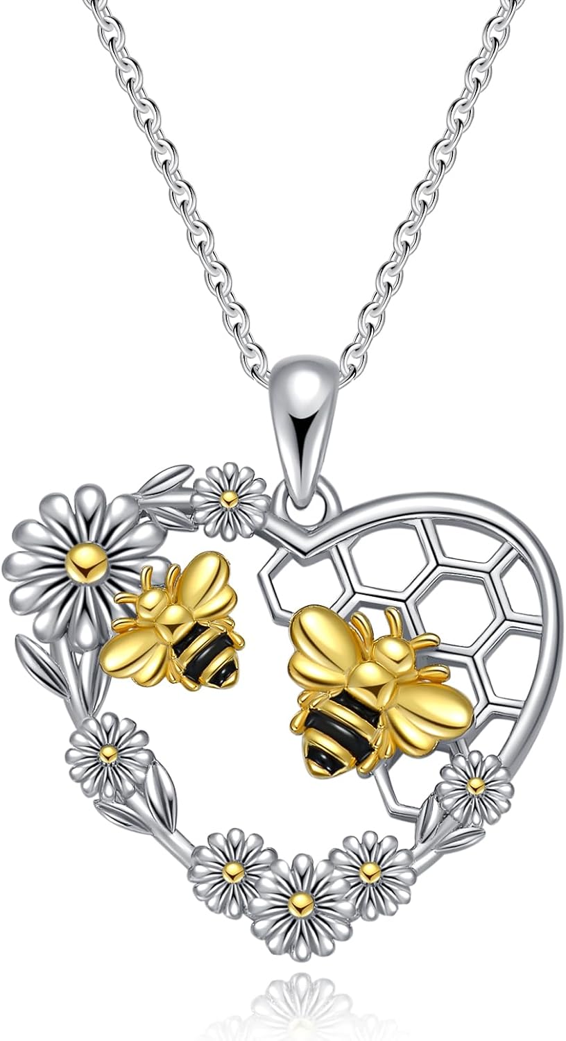 Bee Necklace 925 Sterling Silver Bee Pendant Heart Jewelry Gifts for Women