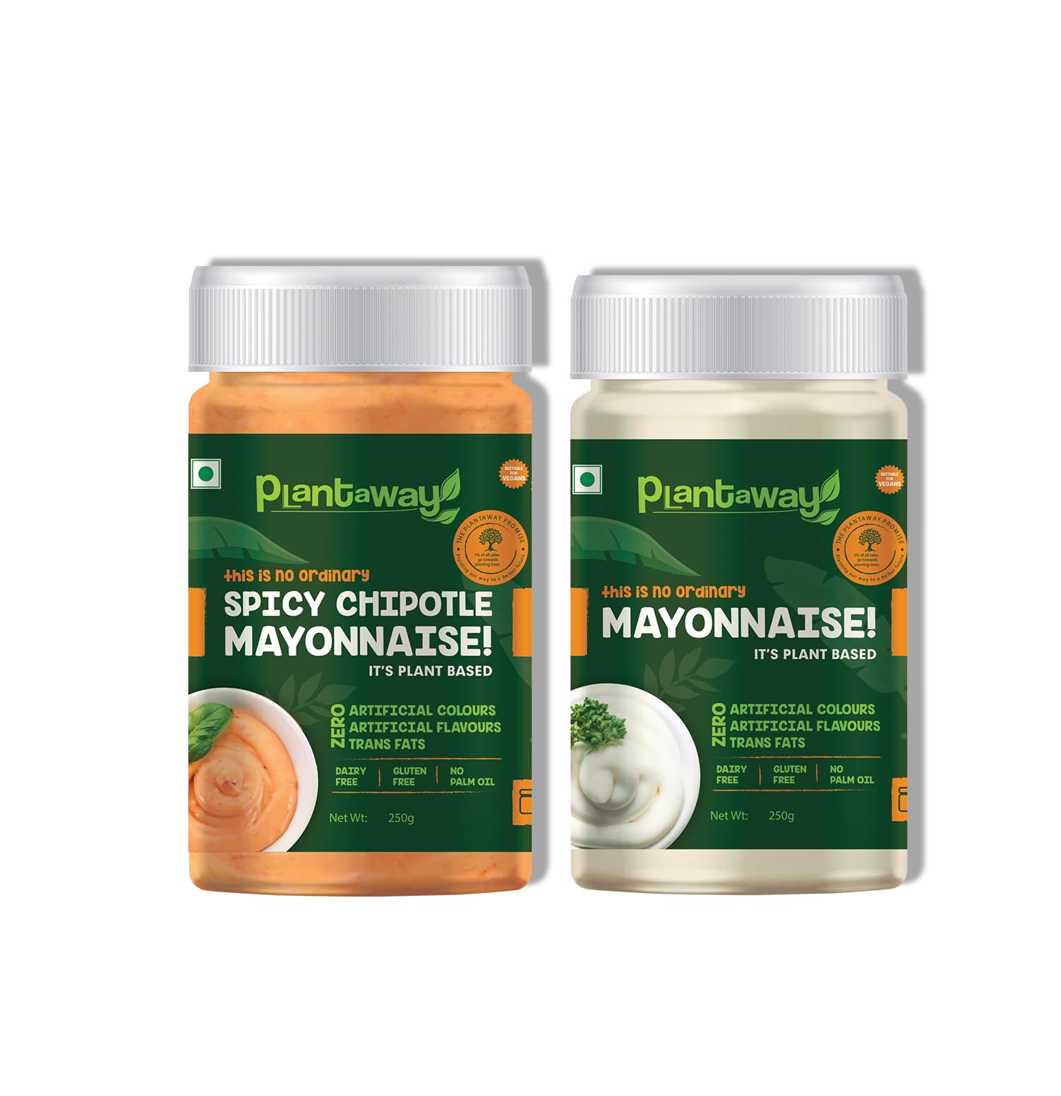 Plantaway Mayonnaise Combo of Vegan Plain Plant Based 250g & Spicy Chipotle 250g | Dairy & Gluten Free & No Palm Oil | No Artificial Color, Flavor & Trans Fats | 100% Vegetarian & Egg Free