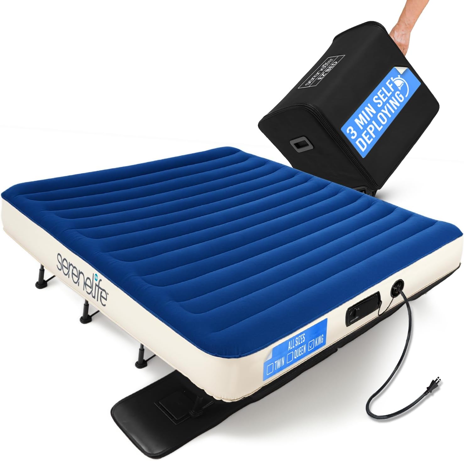 SereneLife EZ Bed Air Mattress with Frame and Rolling Case, Self-Inflating Airbed with Built in Pump for Travel and Hosting, Queen