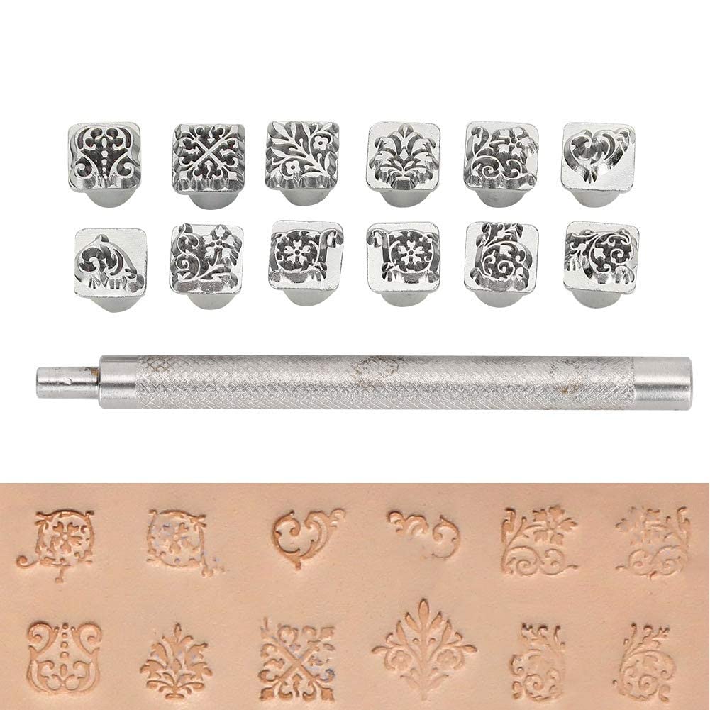 Cikonielf Defult 12Pcs Leather Embossing Tools Different Shape Stamps Set Saddle Making Diy Punch Embossing Beveler Tools Kit