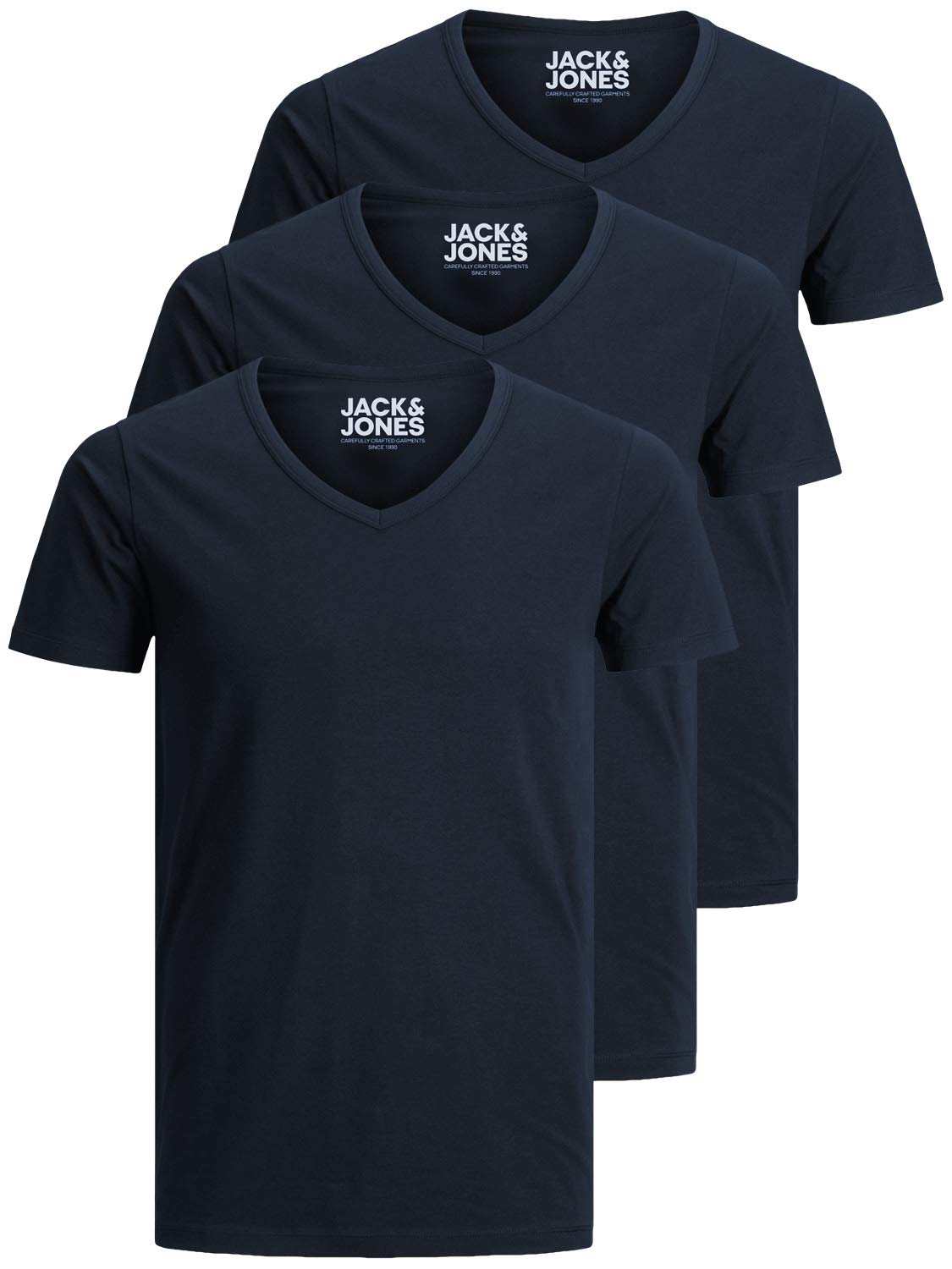 Jack & Jones Camiseta básica para hombre, cuello de pico, paquete de 3 unidades, color liso, corte ajustado, en blanco, negro, azul y gris