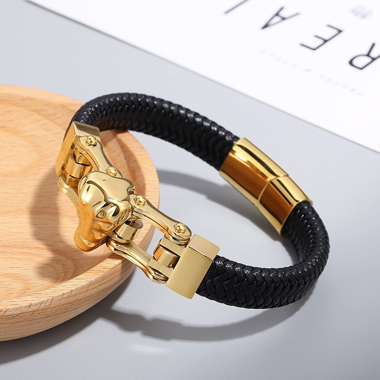 Bracelet pour Homme Saint Valentin, Bracelet Or Noir Acier Inoxydable Cuir Tressage de Panier Crocodile Promettre Cadeau Bijoux Homme 21cmx12mm