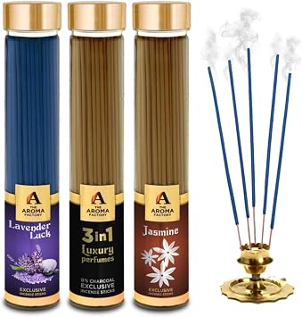 The Aroma Factory Agarbatti for Pooja Lavender 3 in 1 & Jasmine Incense Sticks Charcoal Free & Low Agarbatti with Essential Oils & Natural Fragrance 100g X 3 Bottle