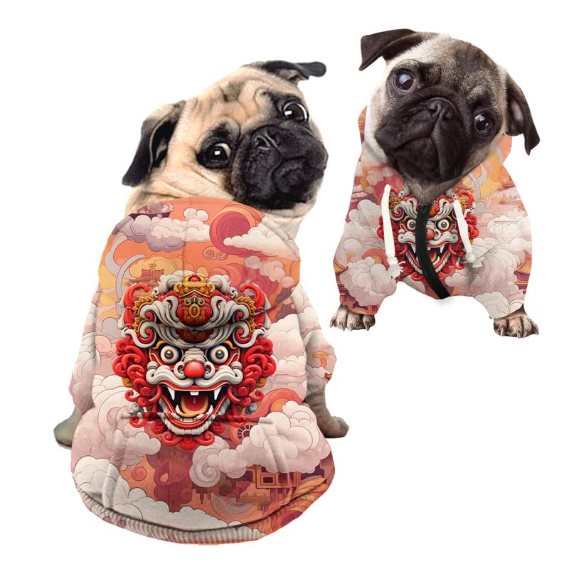 Kuiaobaty Chinese Lion Dance Hooded Dog Clothes Sweatshirt, Soft Onesie Jumpers, Orange Clouds Art Hoodies for Small Dogs — image 1