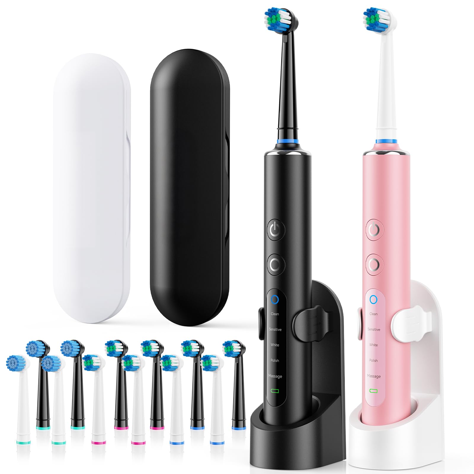 Lot de 2 brosses à dents électriques pour adultes et enfants, brosse à dents rotative avec 3 intensités et 5 modes, brosse à dents électrique rechargeable avec 12 têtes de brosse, 2 étuis de voyage