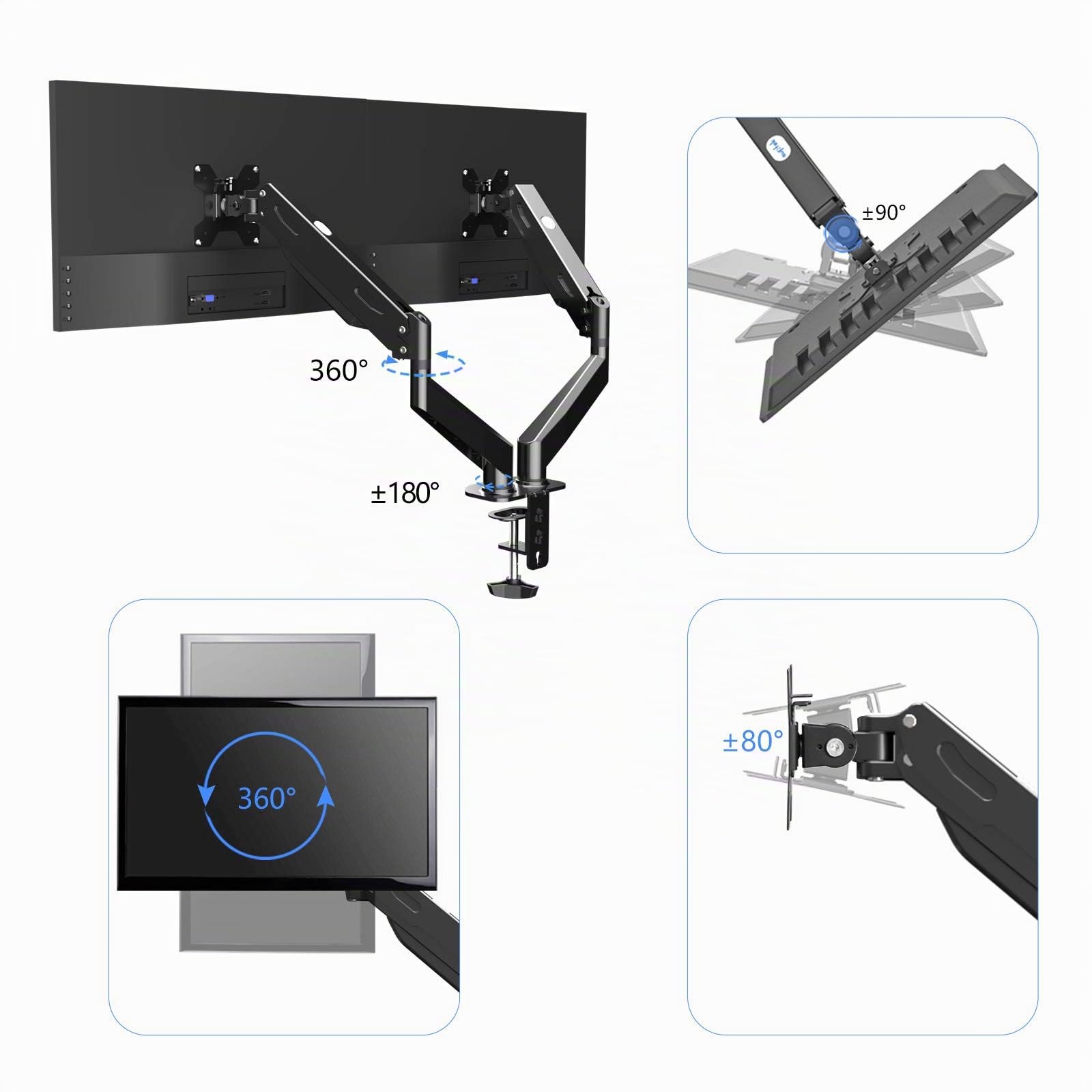 Pholiten Support de Moniteur pour 2 écrans de 17 à 32" - Support de Bureau - VESA 75/100 mm - Hauteur réglable - Inclinable et Rotatif