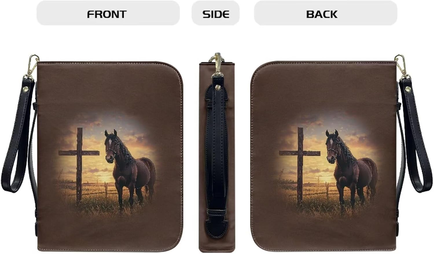 Cross Horse Bible Cover, Waterproof Leather Bible Carrying Book Case for Women Men,Protective Church Organizer Holder Bag with Handle Pockets