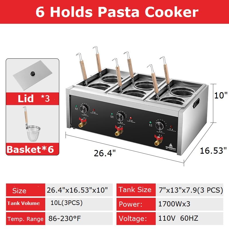 Koalalko Commercial Pasta Cooker with 6 Holes Noodle Cooking Machine Pasta Makers Boiler Cooker Machine Noodles Table with 6 Basket Noodle Dumpling Maker with Noodle Filter 110V US plug