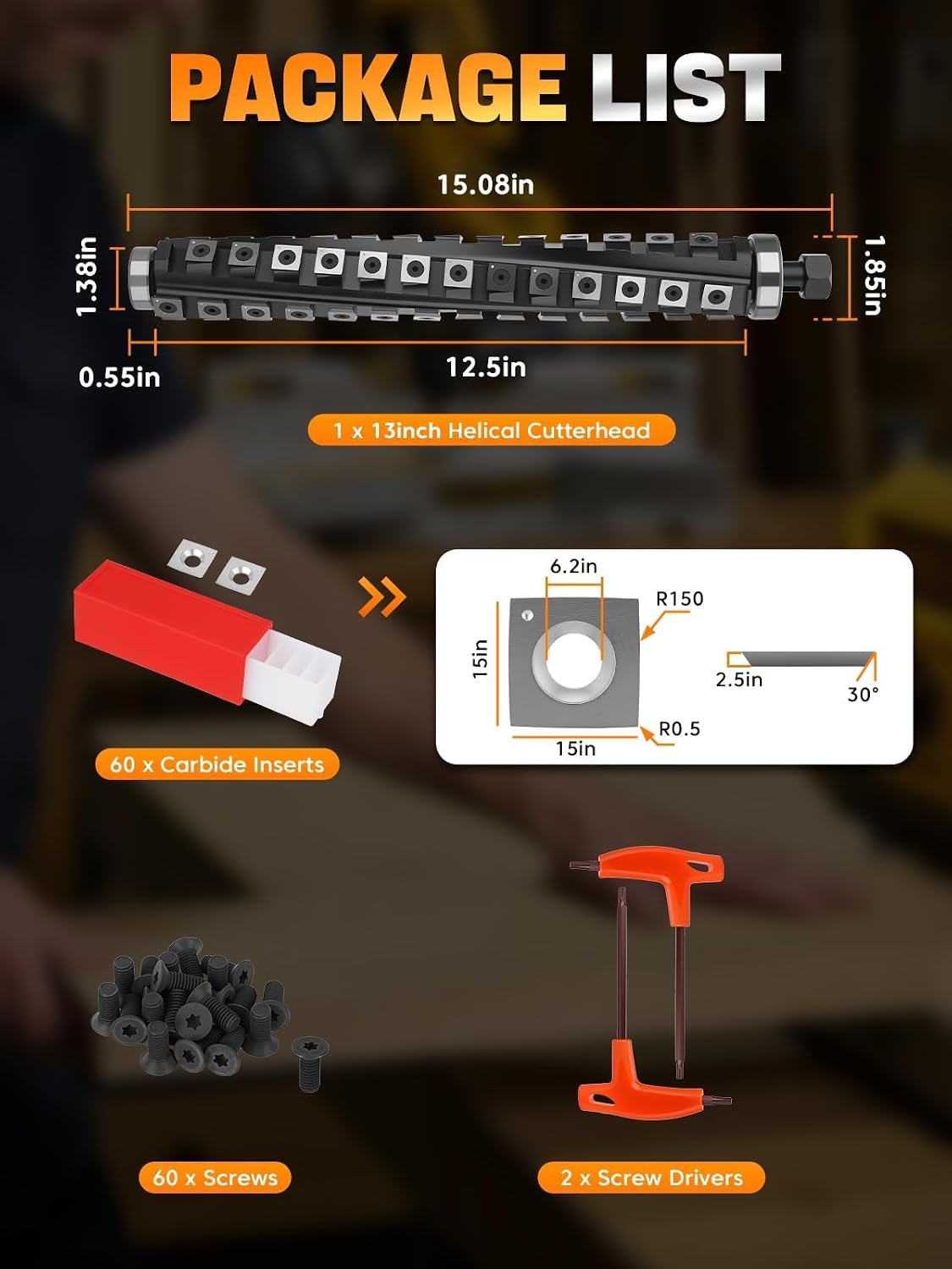 Upgrade 12.5 Inch Spiral Helical Cutterhead Compatible with DeWalt DW734 DW733 Thickness Planers, Cutter Head with 4 Rows 54 Carbide Inserts, Pre-Installed Bearing, 6 Spare Blades, Screws & T Wrench