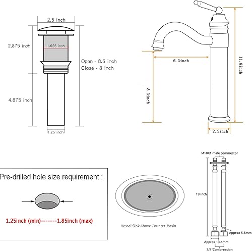 Miniatura 2 de GGStudy Grifos de lavabo de baño de un solo agujero de cuerpo alto, acabado dorado con secador desplegable sin desbordamiento