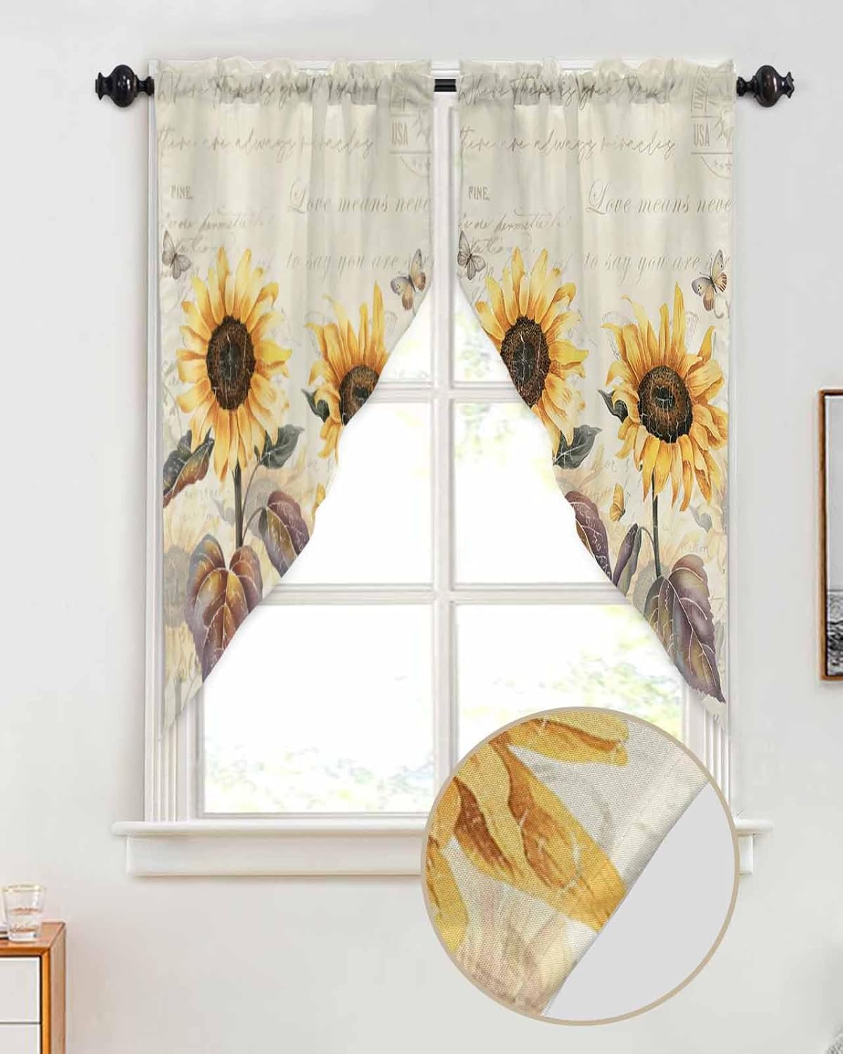Prime Leader Floral Swag Valance Rod Pocket Kitchen Curtains, Scalloped Window Treatment, Retro Sunflower Butterfly Country Style, 1 Pair, 36" W x 63" L