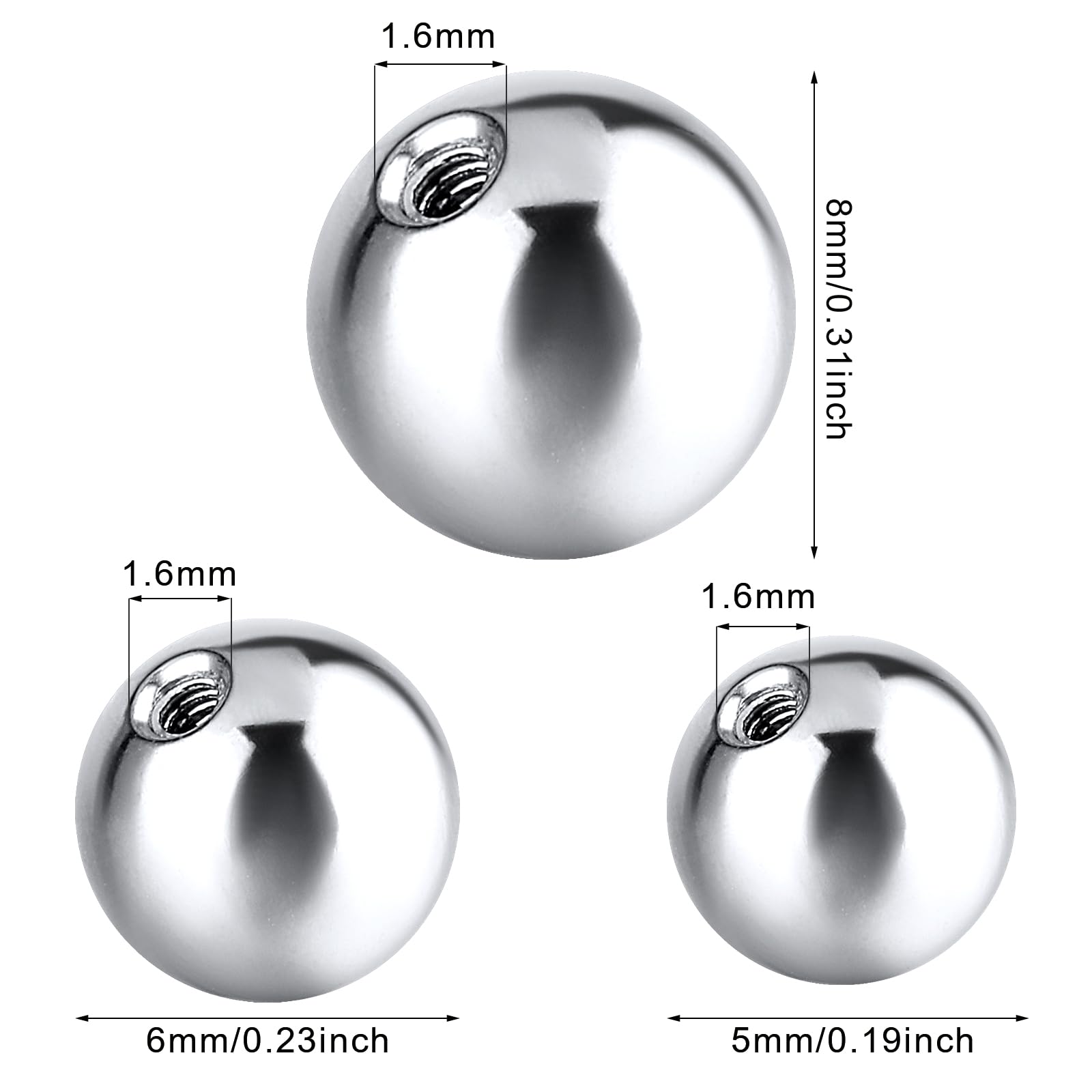 Yolev 18 szt. wymiennych kuleczek do piercingu, srebrne części zamienne do gwintowanej biżuterii piercing (14G 8 mm 6 mm 5 mm)