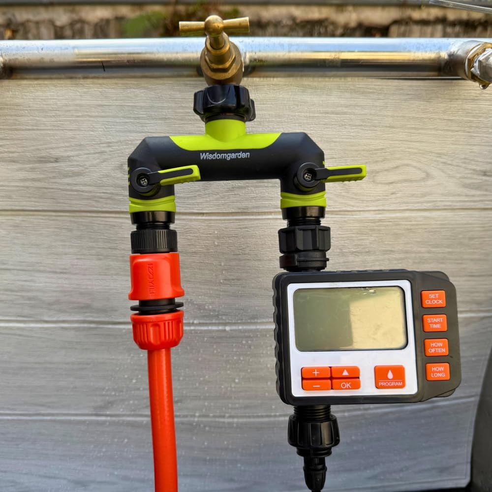 Wisdomgarden Distributore a 2 Vie, distributore dell'Acqua, Doppio Collegamento simultaneo di 2 dispositivi al Rubinetto, Adatto per interruttori di irrigazione e Tubi dell'Acqua, Verde con Nero