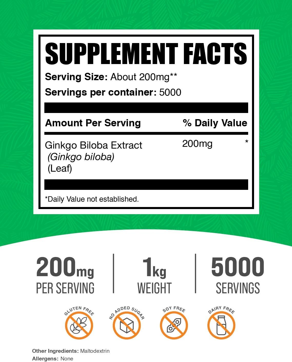 BulkSupplements.com Ginkgo Biloba Extract Powder - from Ginkgo Biloba Leaf, Antioxidant Source, Herbal Supplement - Gluten Free, 200mg per Serving, 1kg (2.2 lbs) (Pack of 1)