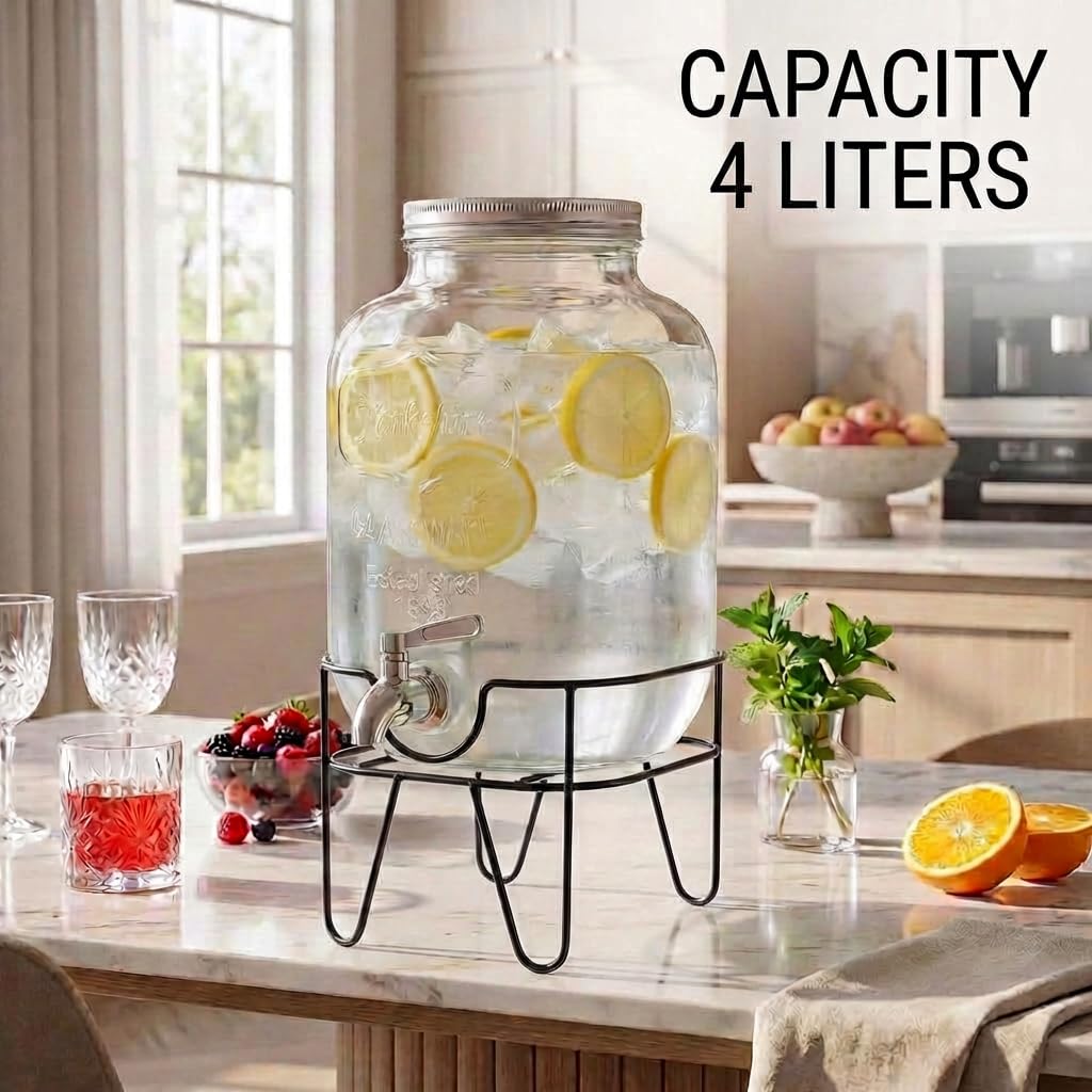Dispensador de cristal para bebidas 4L con grifo cromado, apto para lavavajillas, camping o aperitivos, ideal para bar, cocina, pub, restaurante, dispensador de agua con soporte