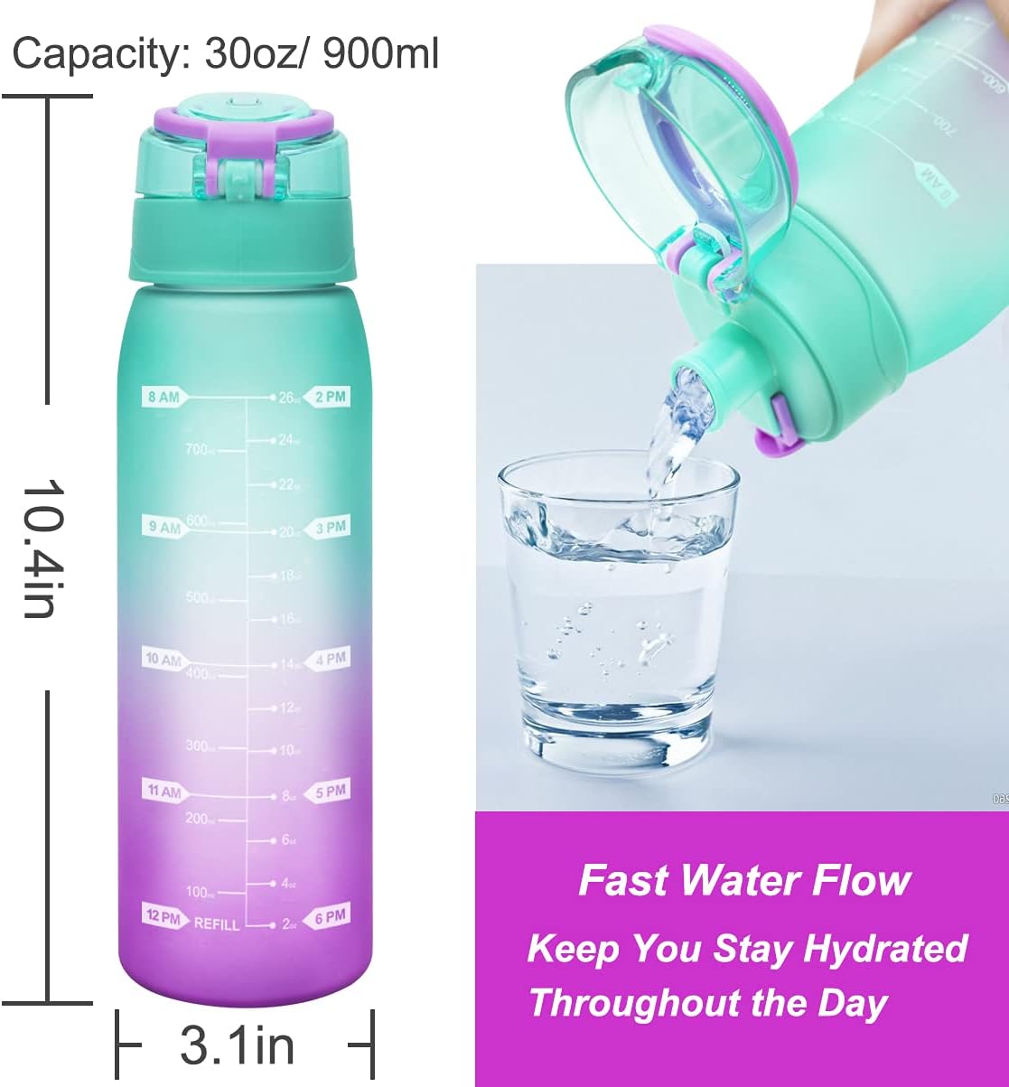 30oz Leakproof BPA Free Drinking Water Bottle with Time Marker & Shaker Ball to Ensure You Drink Enough Water Throughout The Day for Fitness Indoor and Outdoor Enthusiasts (Pack of 1)