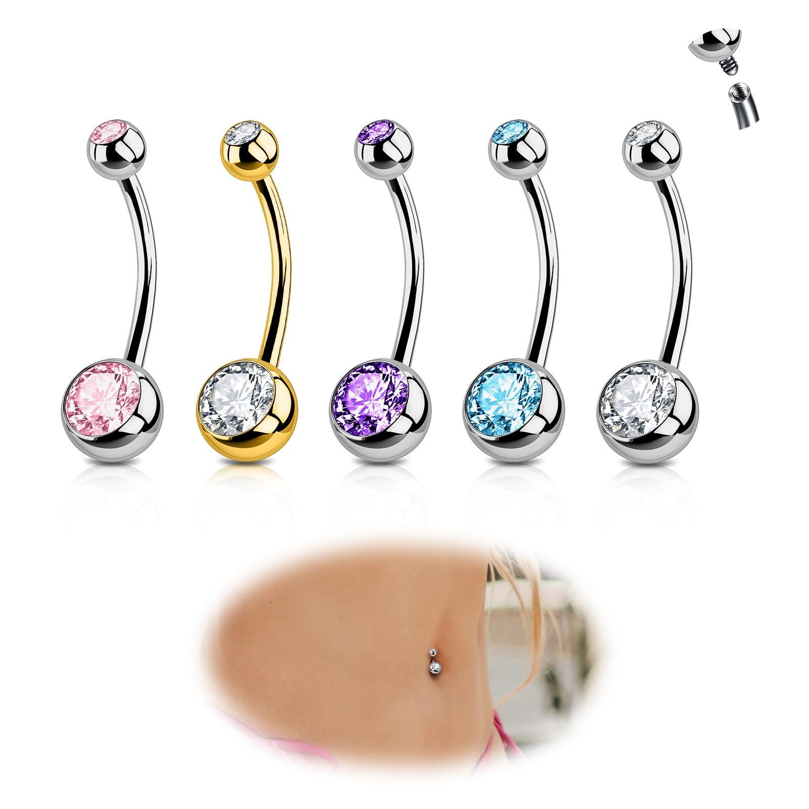 AceFun Kolczyki do pępka Tytanowe, 6mm 8mm 10mm 12mm 14mm 16mm Piercing do pępka Srebrny Złoty dla kobiet 1 sztuka 14G Solidny tytanowy kolczyk do pępka Biżuteria do piercingu Biżuteria do pępka