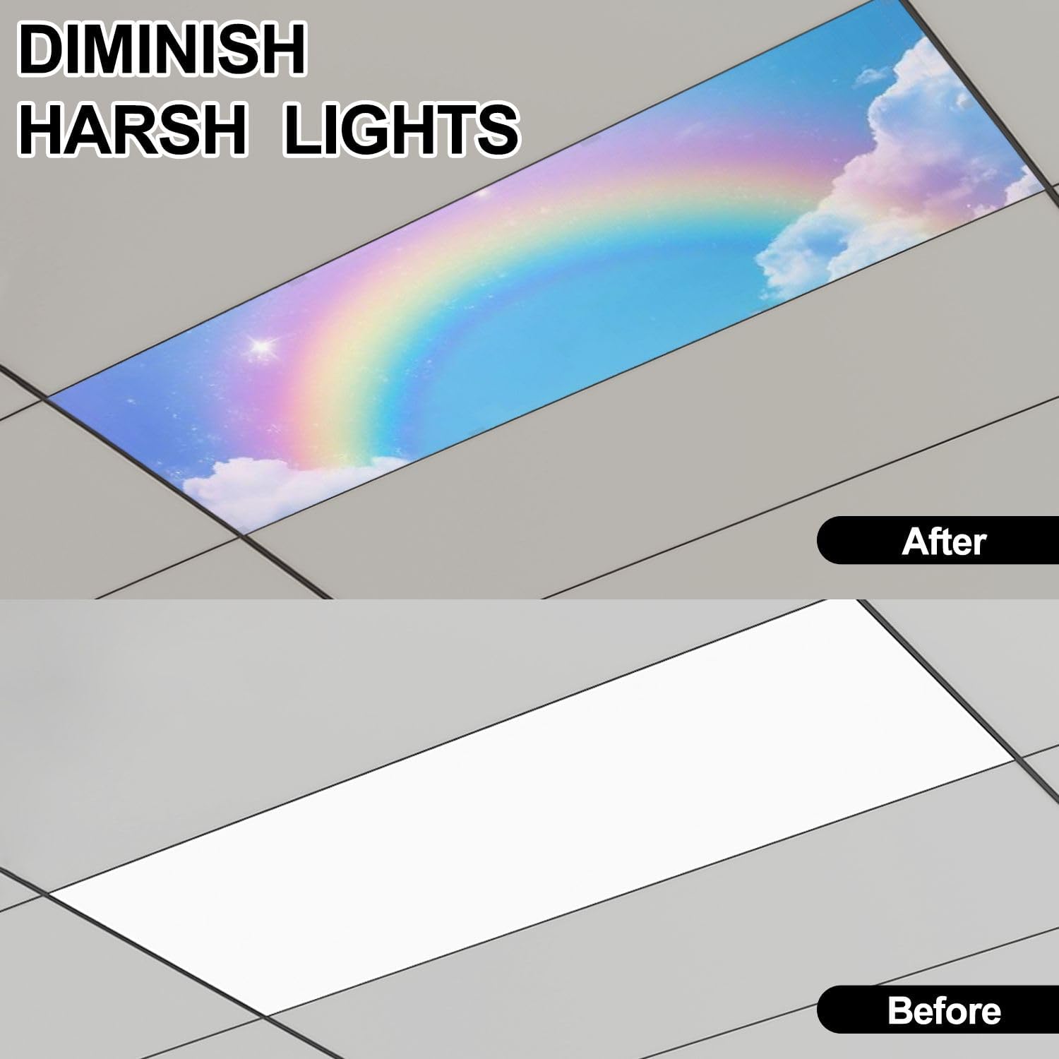 Fluorescent Light Covers for Ceiling Lights Rainbow Cloudy Sky Easy to Install Magnetic Light Filter for Classroom Office Hospitals School Home Decor