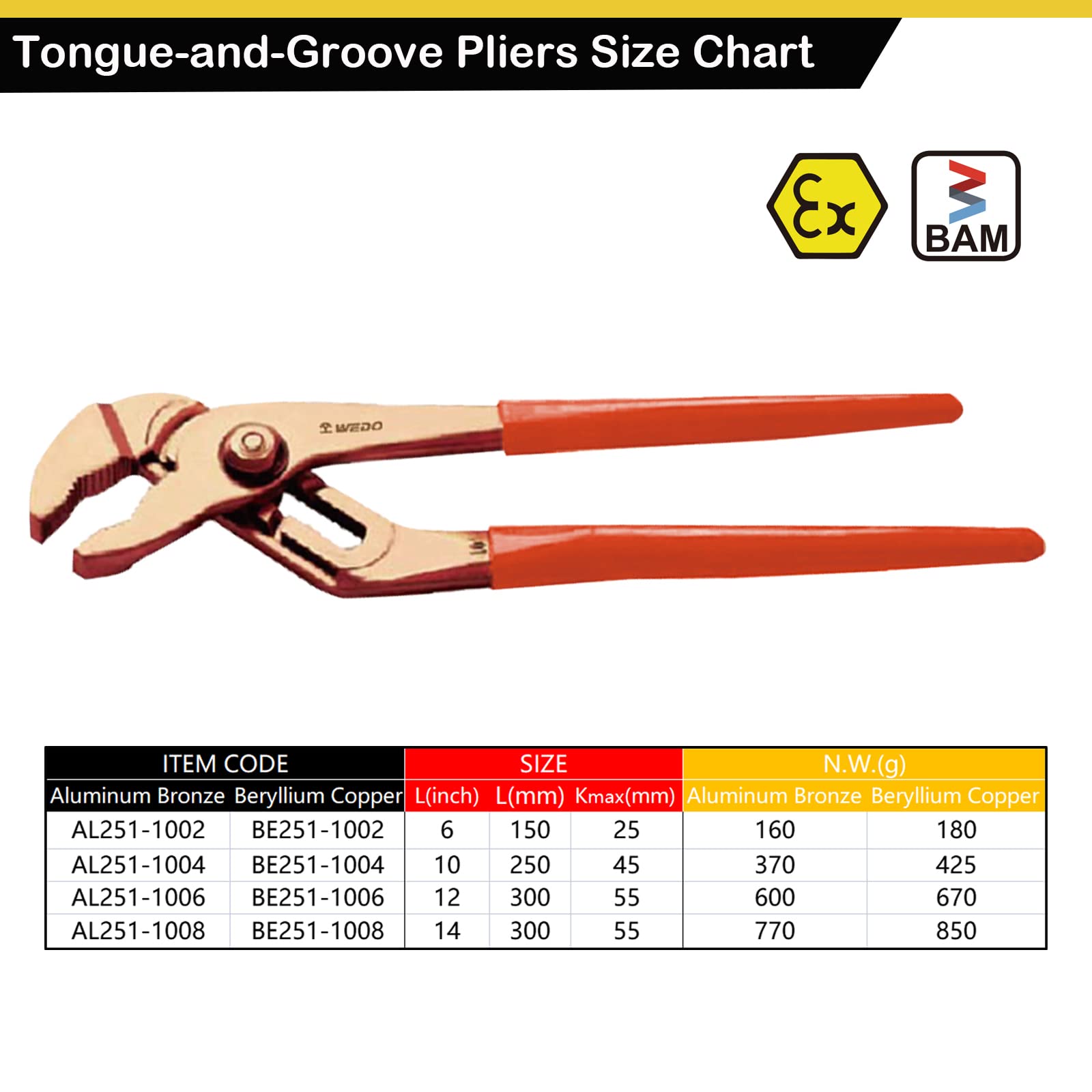 WEDO Groove Joint Pliers,Tongue-and-Groove Pliers,Non-sparking Slip-Joint Pliers,Spark-free Safety Slip Joint Pliers,Beryllium Copper,10