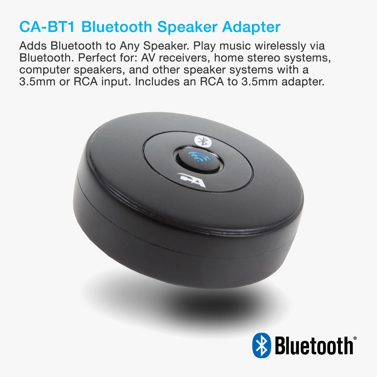 Cyber Acoustics Bluetooth Audio Adapter Receiver for Music Streaming to Home Stereo Speaker System from Smartphones, Tablets and Laptops (CA-BT1)