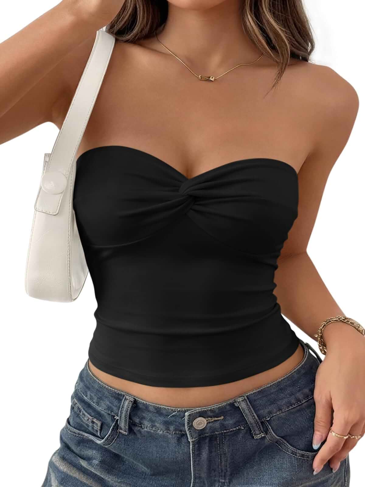 Trendy Queen Womens Strapless Going Out Tube Tops Bandeau Cute Summer Crop Tops,Beach Vacation Outfits,Buttery Knit,Non-slip Grip,Sweetheart Neckline,Twist Knot