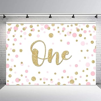 MEHOFOTO Pink and Gold Girl First One Birthday Party Backdrop Photography Background Props Glitter Confetti Photo Banner for Girl 1st Birthday Cake Table Decoration 7x5ft